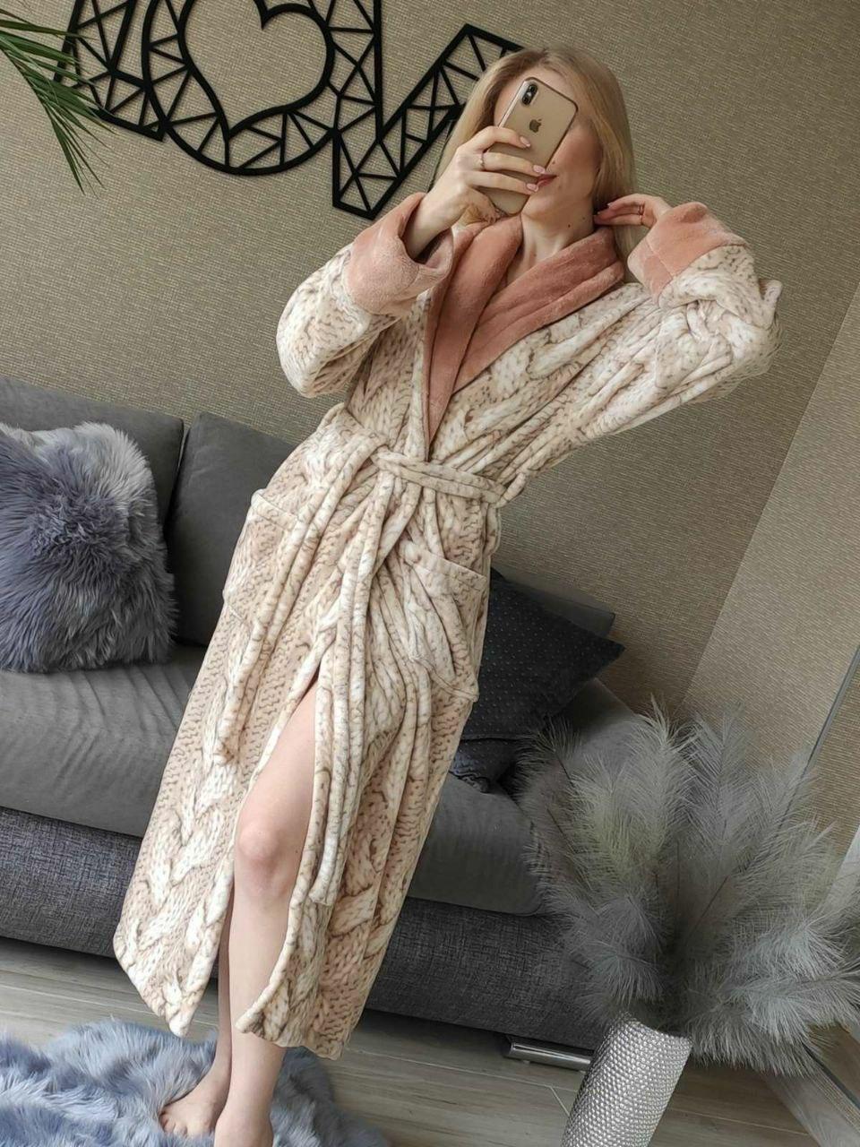 Теплий довгий махровий халат для дому бежевий батал, фото 1