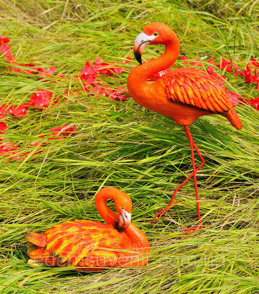 Садова фігура Сім'я Фламінго №10 коралових середніх, фламінго для саду із полістоуну, садово-паркові  фігури