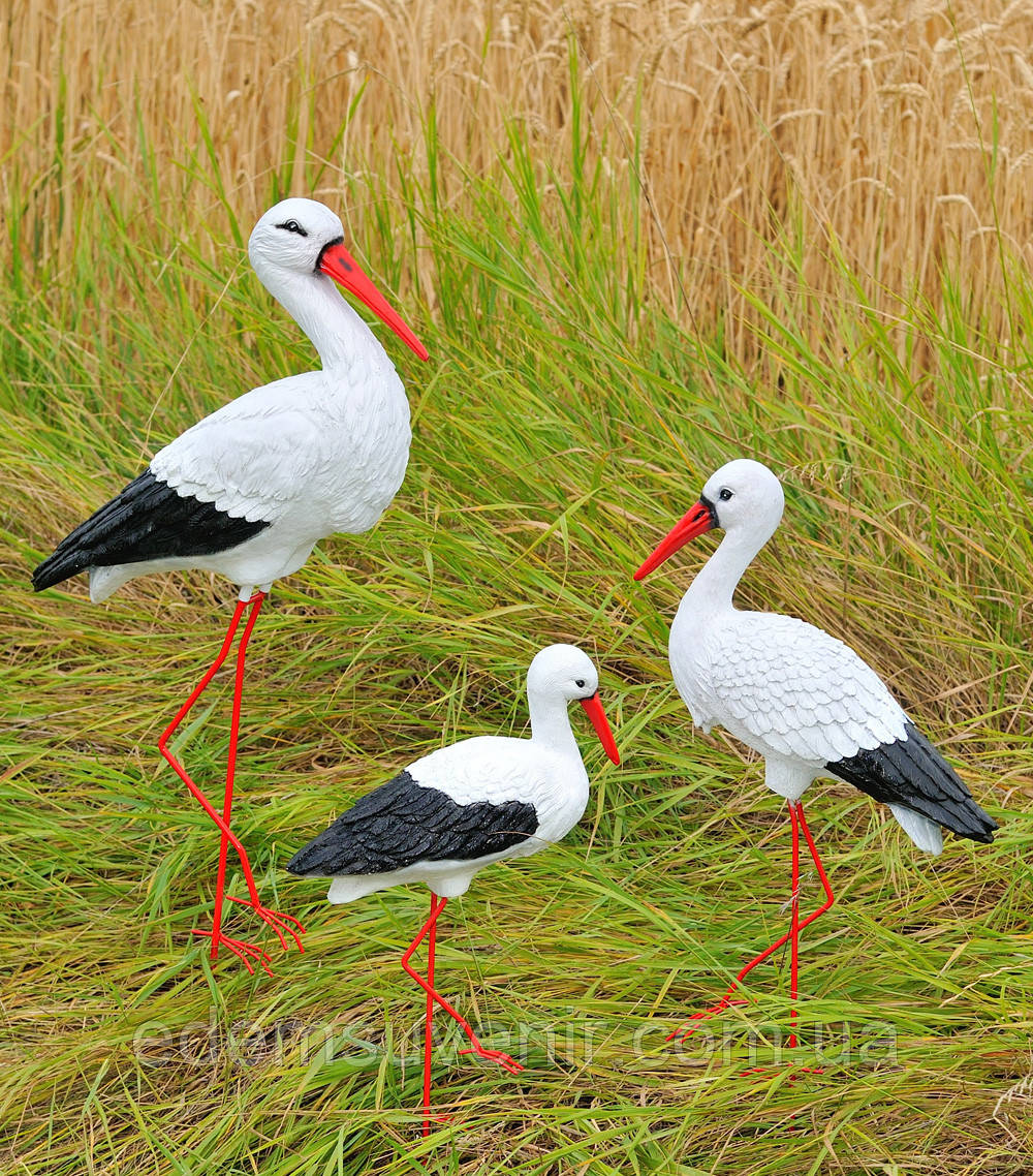 Садова фігура Сім'я садових лелек №77 на металевих лапах, садові фігури лелеки, лелеки садові,  садово паркові скульптури лелеки,