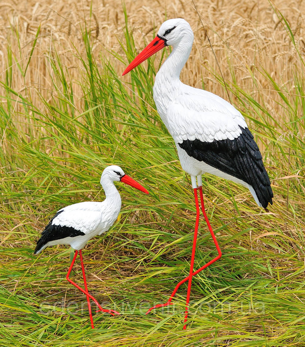 Садова фігура Сім'я садових лелек №59 на металевих лапах, лелека для саду, садово паркові скульптури лелеки, фото 1