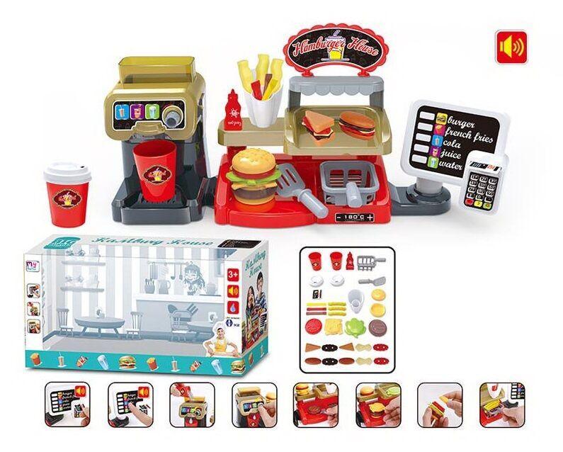 8899-1 Кав'ярня касовий апарат, звук, від батарейок, кавоварка, фритюр, прилавок, бургер, в коробці