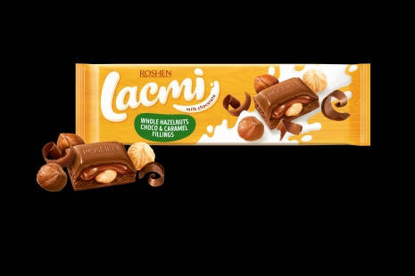 

Шоколад Lacmi молочний з цілим лісовим горіхом і шоколадно-карамельної начинкою 295г Рошен Roshen