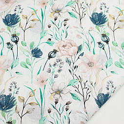 Бязь  "Полевые цветы, с маком и васильки " на белом № Б-3301