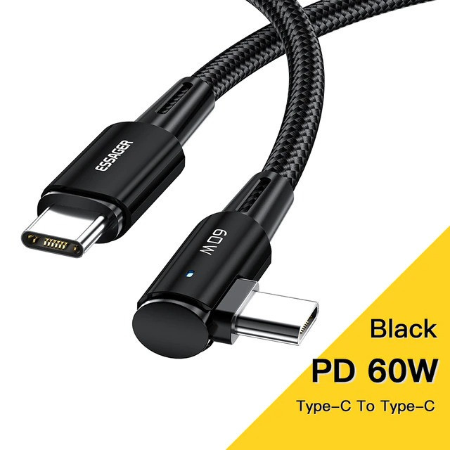 Кабель зарядний ESSAGER USB Type-C to USB Type-C PD2.0 60 W 20V/3A кутовий 2 м Black (ES-X16)