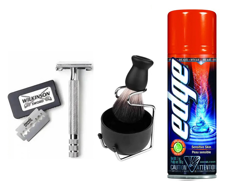 Бритва Wilkinson Sword Barber's Style + 5 лез і набір Zy Shaving (стійка, чаша, помазок) + гель