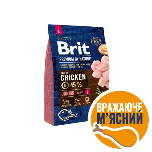 Brit Premium DOG Junior L для цуценят та юніорів великих порід з куркою 3кг, фото 1
