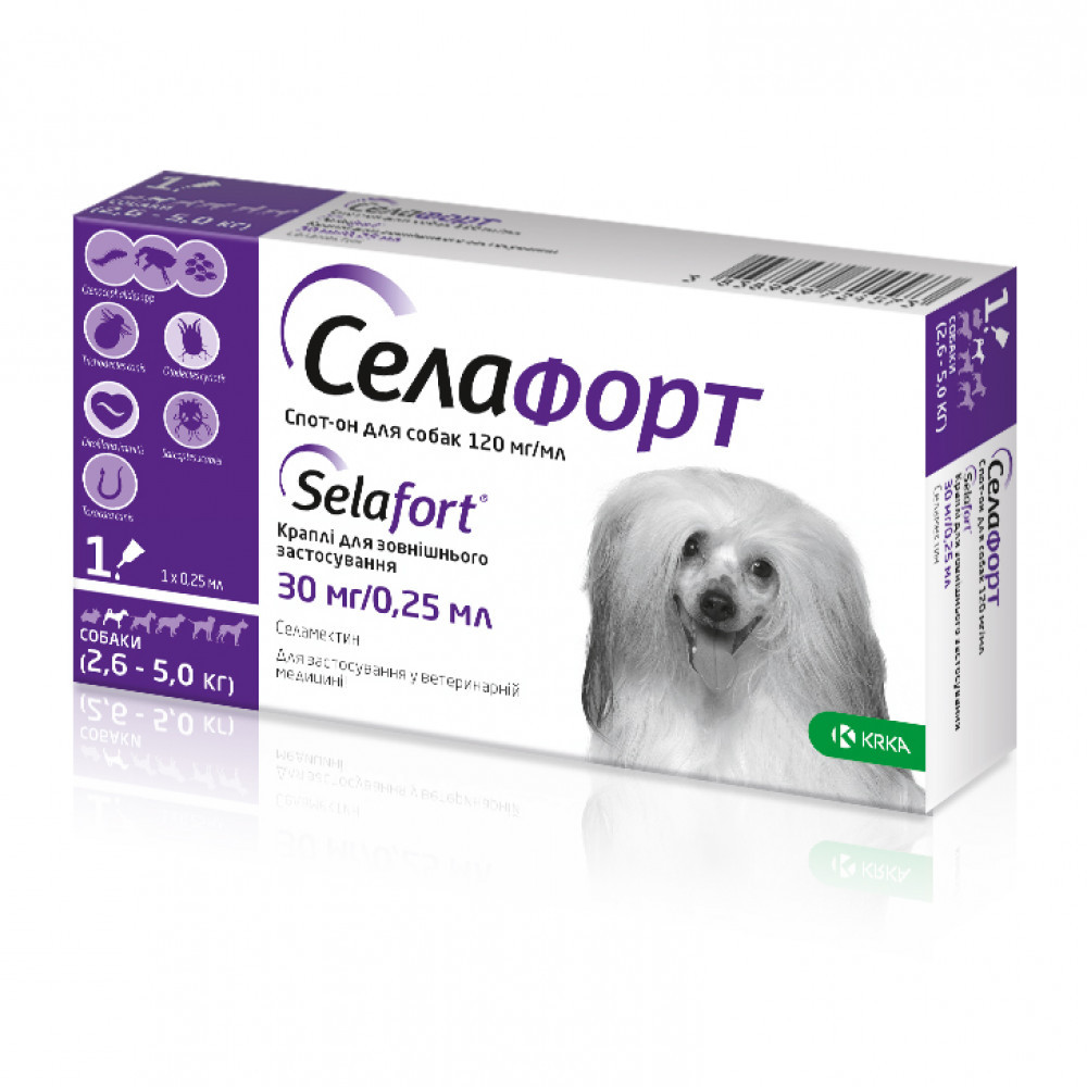 Selafort Spot On краплі для собак 2,6-5кг 1 пипетка 0,25мл від бліх кліщів та глистів, фото 1