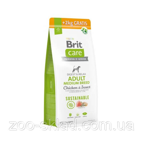 Brit Care DOG Sustainable Adult Medium Breed для собак середніх порід, з куркою та комахами 12+2кг