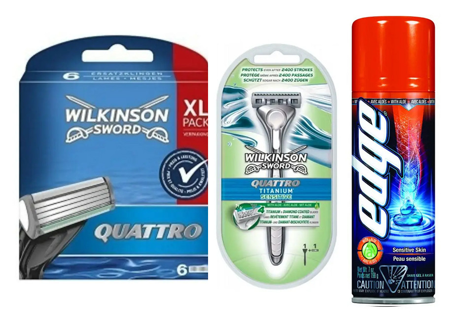 Касети Wilkinson Quattro XL pack, 6 шт + станок Quattro Titanium Sesitive + Гель Wilkinson Sword EDGE