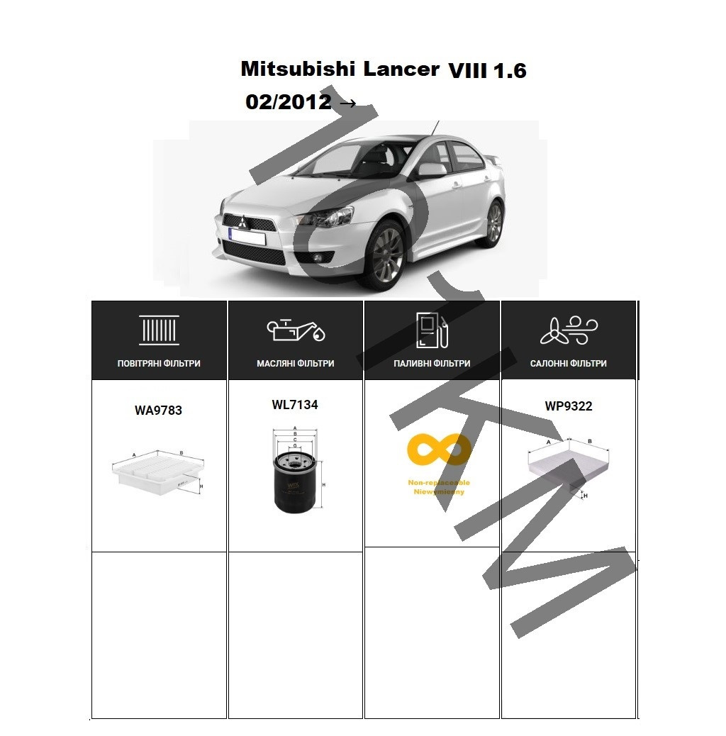 Комплект фільтрів Mitsubishi Lancer VIII 1.6 (2012-) WIX