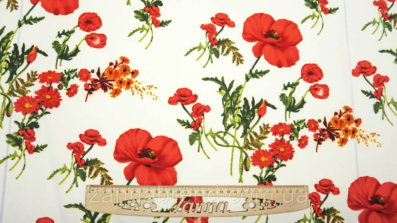 Тканина супер-софт колір молочний "Маки", фото 1