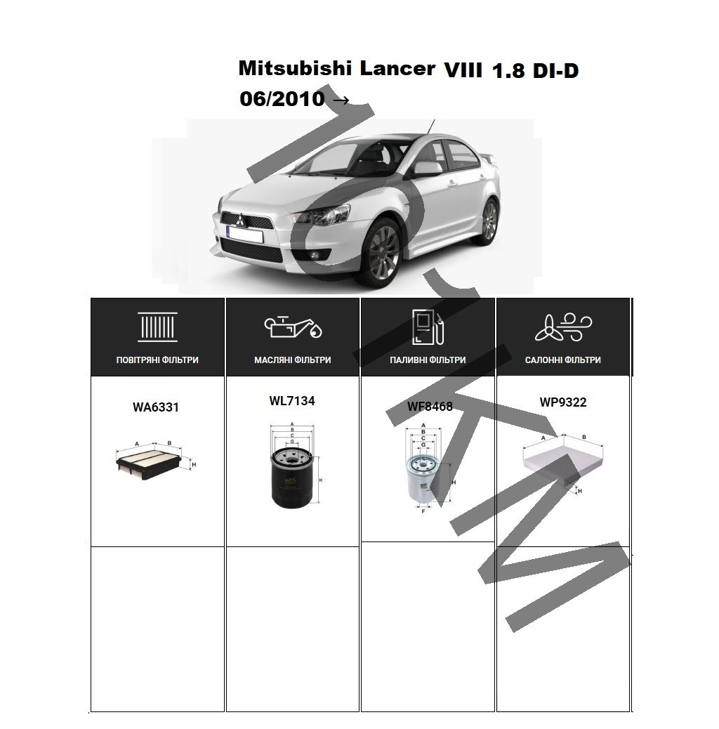Комплект фільтрів Mitsubishi Lancer VIII 1.8 DI-D (2010-) WIX