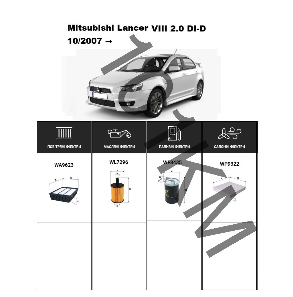 Комплект фільтрів Mitsubishi Lancer VIII 2.0 DI-D (2007-) WIX