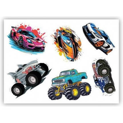 Тату наклейки-перебивачки Т1-04 Машини 2 20шт. в пакеті р.14 5х10 5см, фото 1