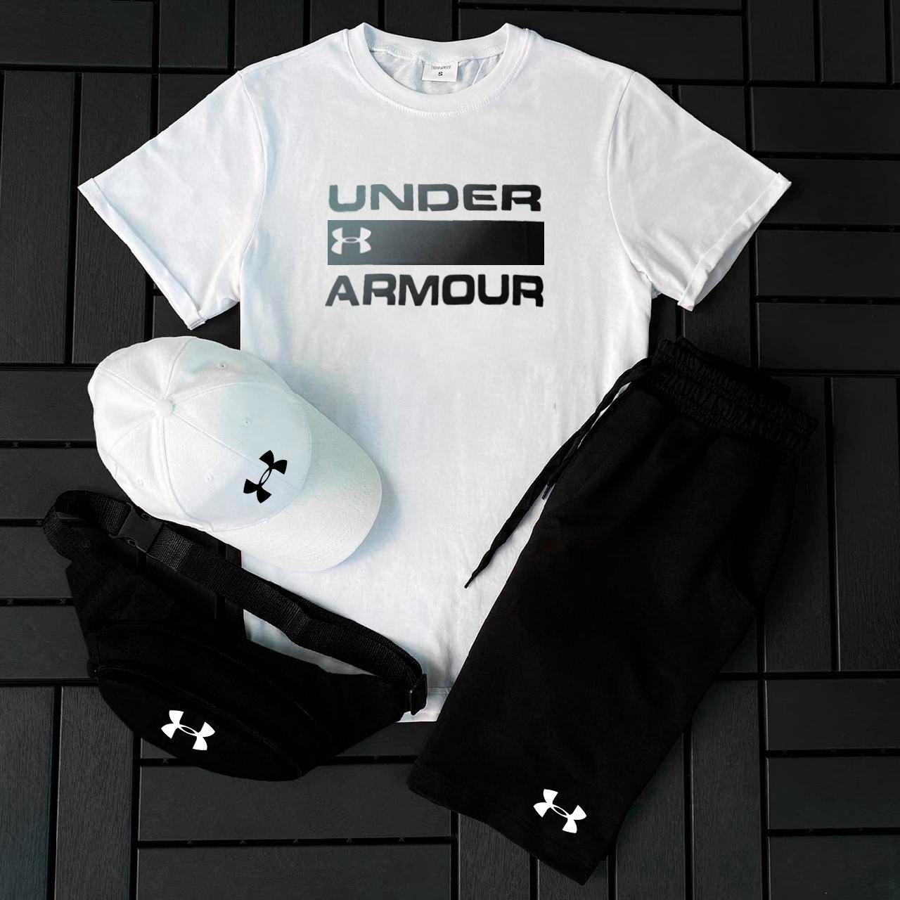 Чоловічий літній костюм Under Armour Футболка + Шорти + Кепка + Барсетка білий Комлпект Андер Армор, фото 1