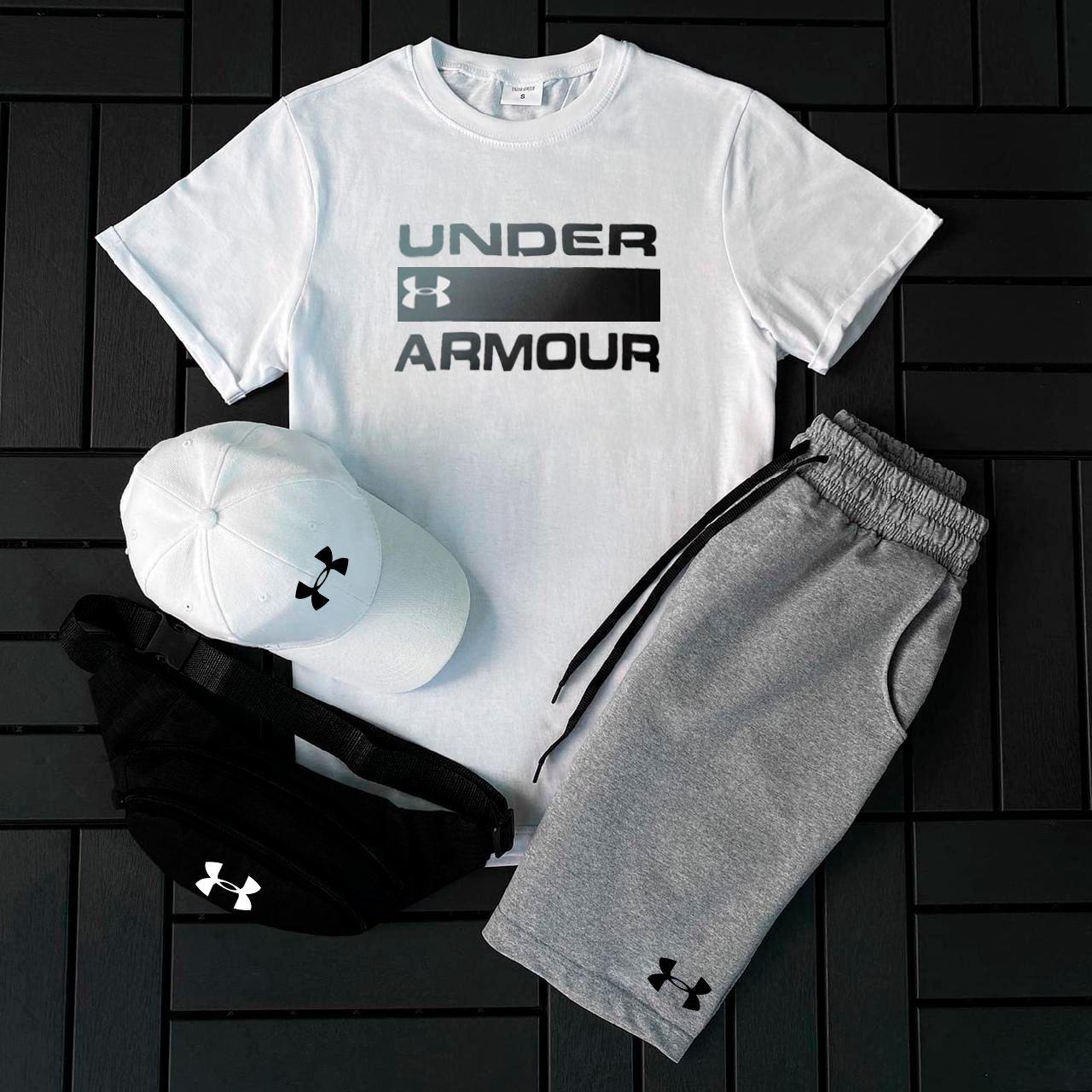 Чоловічий літній костюм Under Armour Футболка + Шорти + Кепка + Барсетка білий Комлпект Андер Армор, фото 1