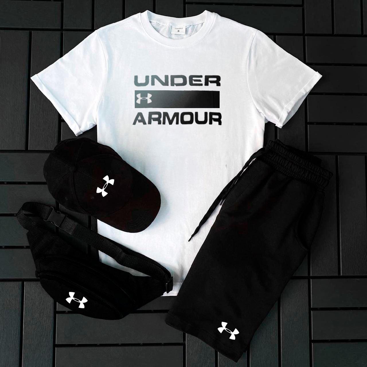Чоловічий літній костюм Under Armour Футболка + Шорти + Кепка + Барсетка білий Комлпект Андер Армор