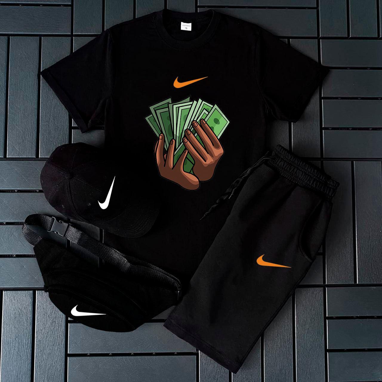 Чоловічий літній костюм Nike Футболка + Шорти + Кепка + Барсетка чорний Комлпект Найк
