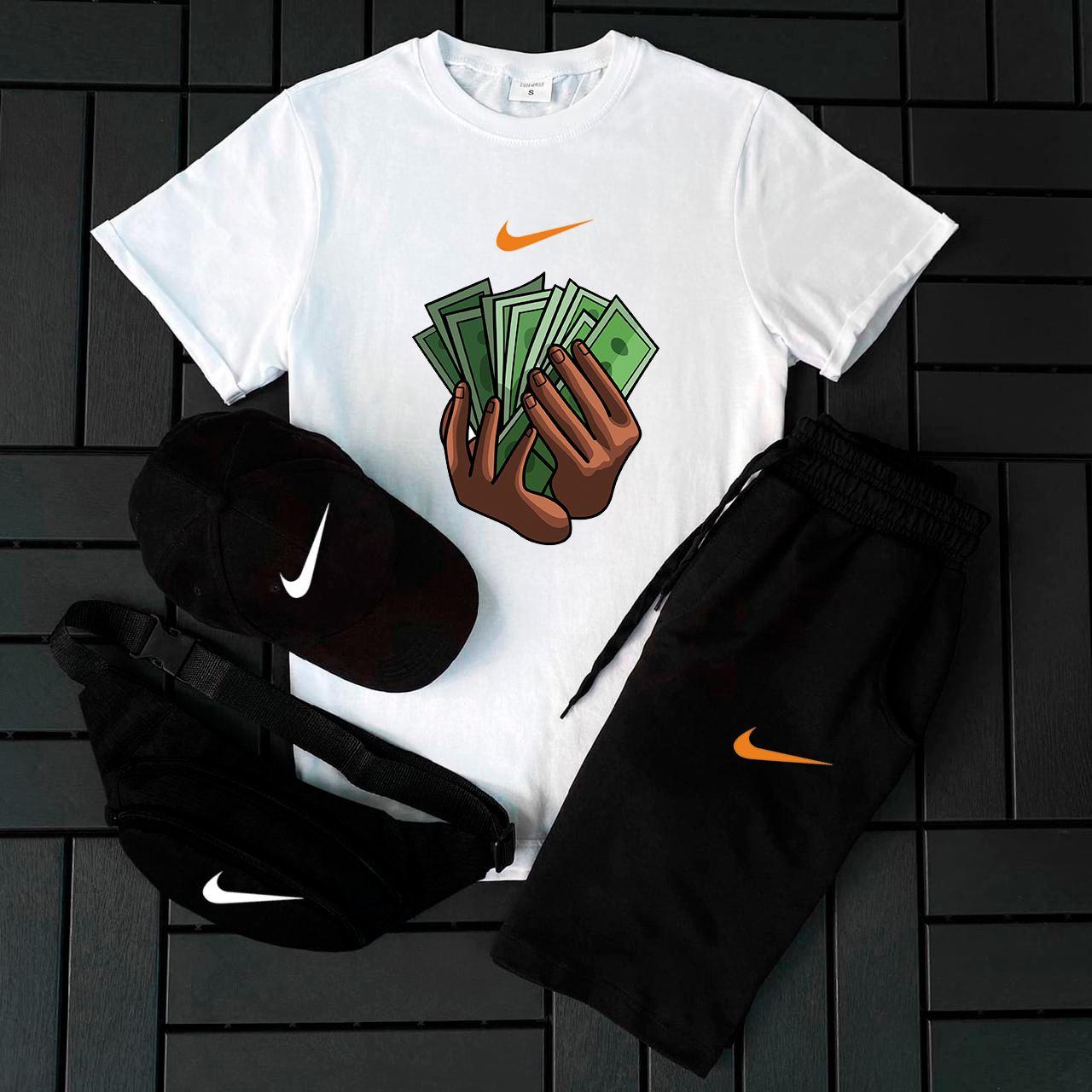 Чоловічий літній костюм Nike Футболка + Шорти + Кепка + Барсетка білий Комлпект Найк