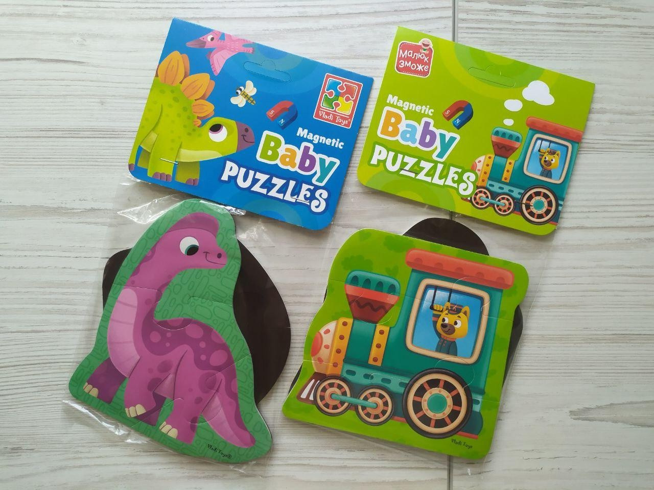 Комплект магнітних бебі пазлів Vladi Toys Динозаври VT3208-21 + Транспорт VT3208-29, фото 1