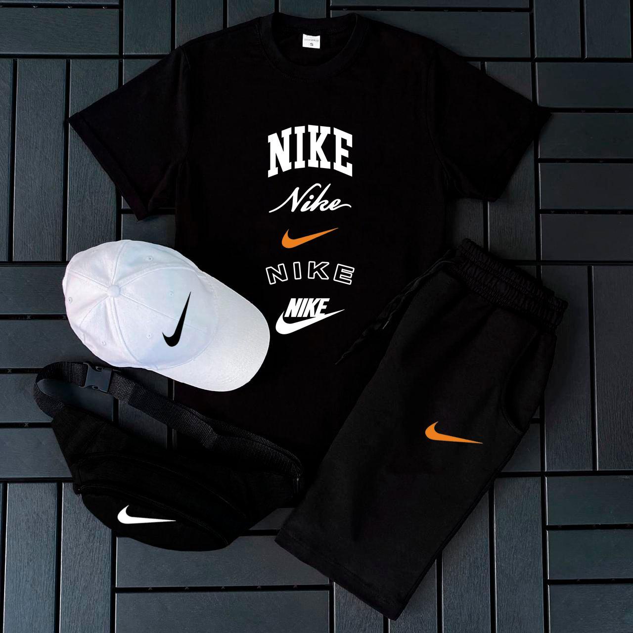 Чоловічий літній костюм Nike Футболка + Шорти + Кепка + Барсетка чорний Комлпект Найк, фото 1