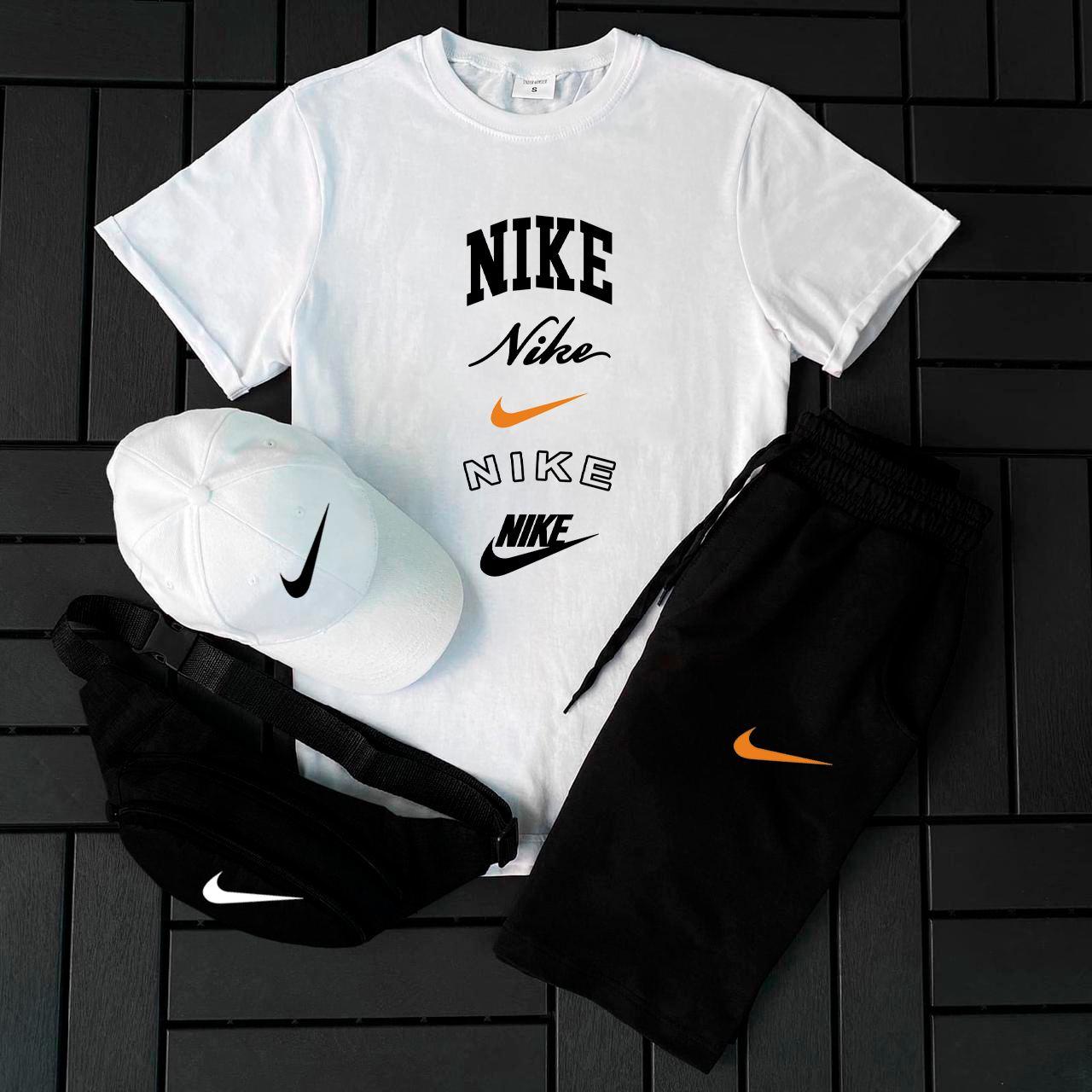 Чоловічий літній костюм Nike Футболка + Шорти + Кепка + Барсетка білий Комлпект Найк
