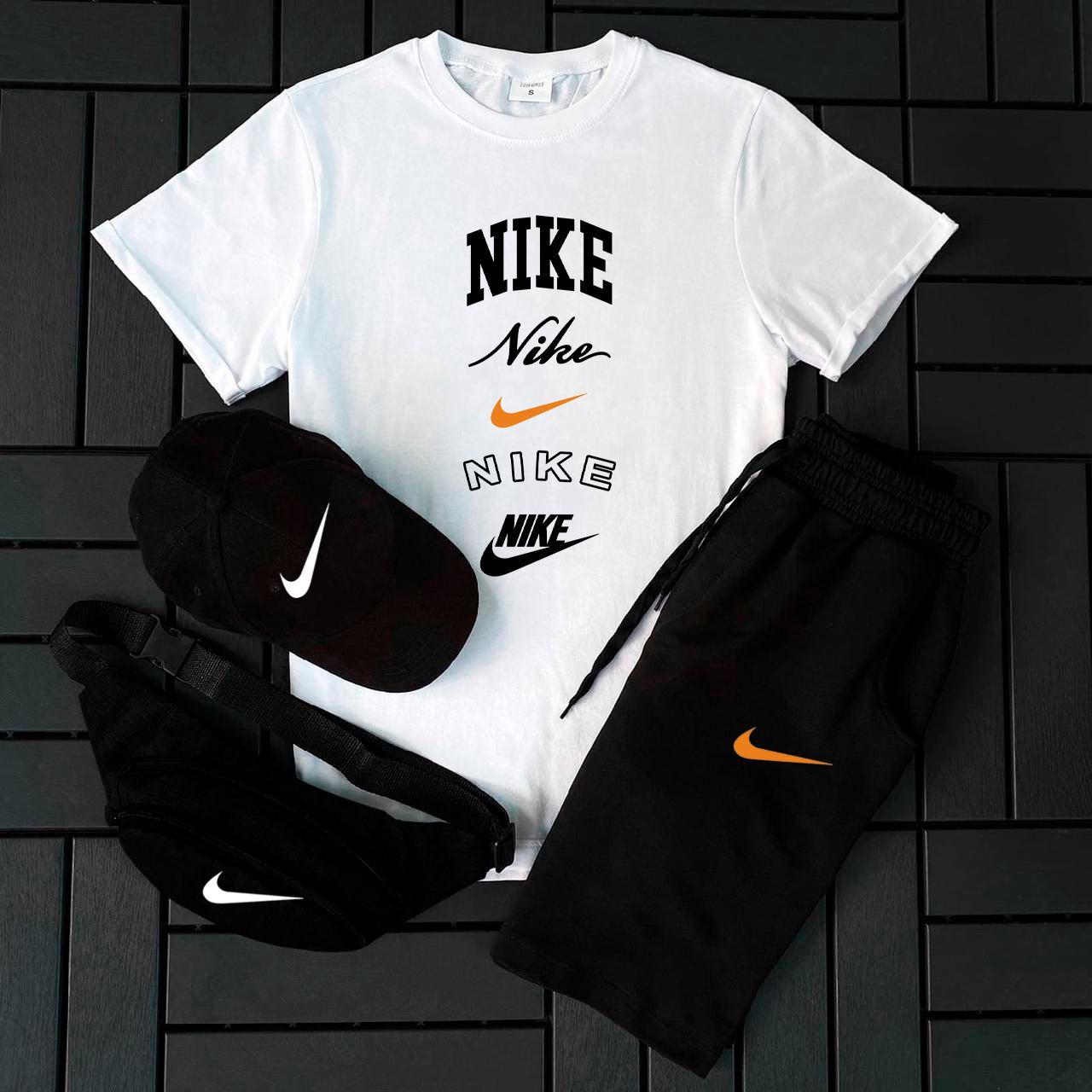 Чоловічий літній костюм Nike Футболка + Шорти + Кепка + Барсетка білий Комлпект Найк