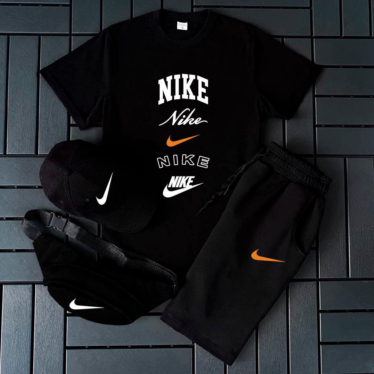 Чоловічий літній костюм Nike Футболка + Шорти + Кепка + Барсетка чорний Комлпект Найк, фото 1