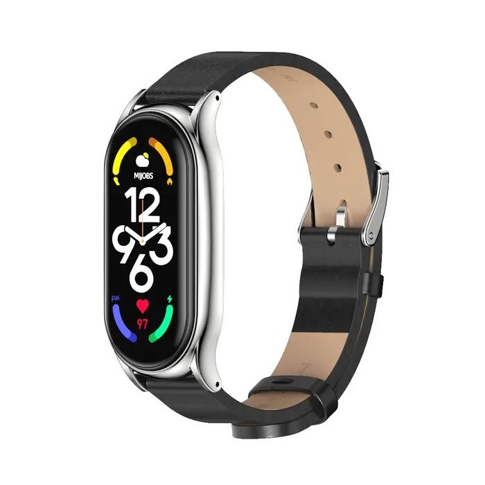Шкіряний ремінець для фітнес браслета Xiaomi Mi Band 7 Type C чорний, тримач - сріблястий