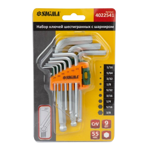 Набір ключів шестигранних 1/16"-3/8" короткі куля CrV 9шт SIGMA, фото 1