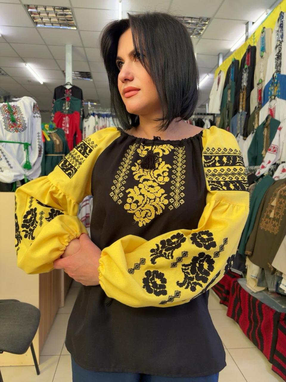 Вишиванка жіноча (домоткане полотно чорне та жовте) "Елегія"