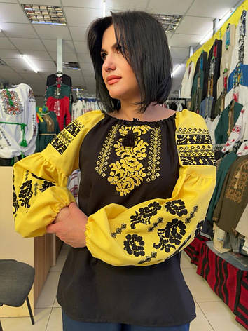 Вишиванка жіноча (домоткане полотно чорне та жовте) "Елегія", фото 1
