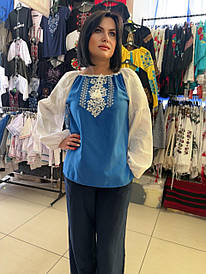 Вишиванка жіноча (домоткане полотно блакитне та біле) "Елегія"