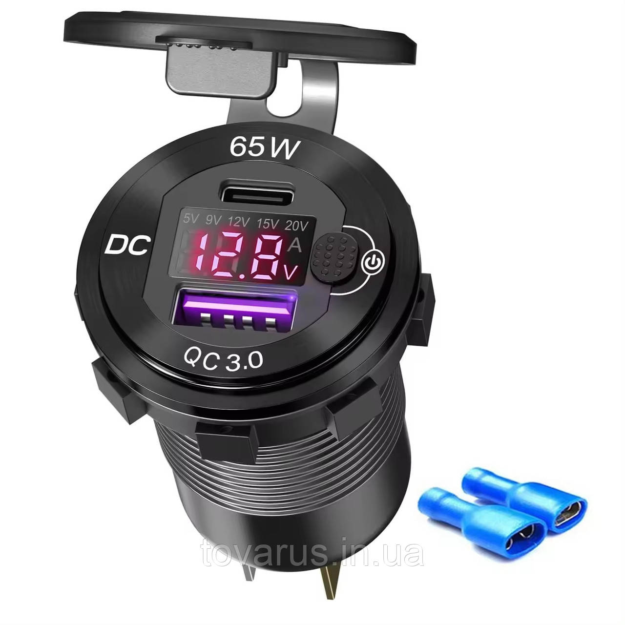 Зарядка ноутбука від 12-24v USB QC 3.0 + PD Type-C 65W з вольтметром Металева
