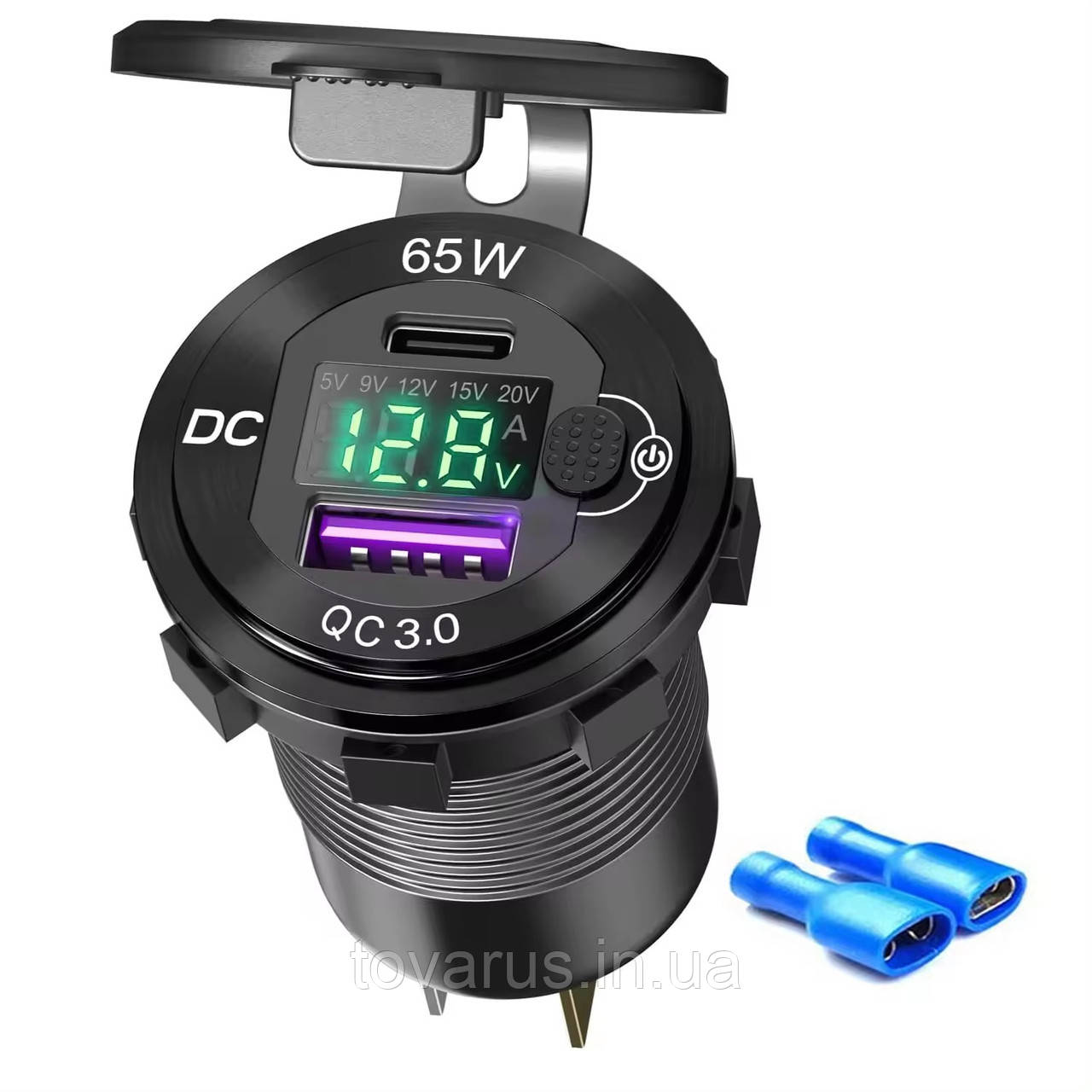 Зарядка врізна від 12-24v USB QC 3.0 + PD Type-C 65W з вольтметром Металева