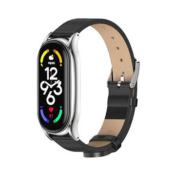 Шкіряний ремінець для фітнес браслета Xiaomi Mi Band 7 Type C чорний, тримач - сріблястий