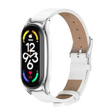 Шкіряний ремінець для фітнес браслета Xiaomi Mi Band 7 Type C білий, тримач - сріблястий