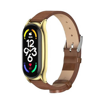 Шкіряний ремінець для фітнес браслета Xiaomi Mi Band 7 Type C коричневий, тримач - золотистий,