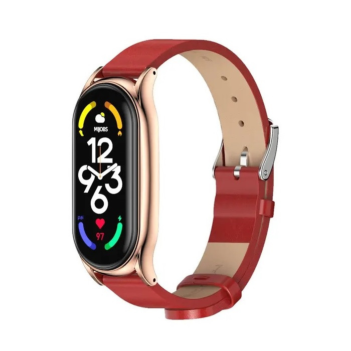 Шкіряний ремінець для фітнес браслета Xiaomi Mi Band 5 и 6 Type C червоний, тримач - золотистий, фото 1