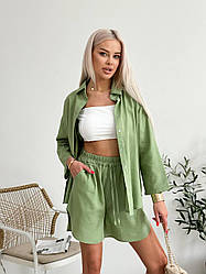 Костюм жіночий ЛІТНІЙ ЛЬОН ШОРТИ І СОРОЧКА ХАКІ 590