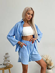 Костюм жіночий ЛІТНІЙ ЛЬОН ШОРТИ І СОРОЧКА БЛАКИТНИЙ 590
