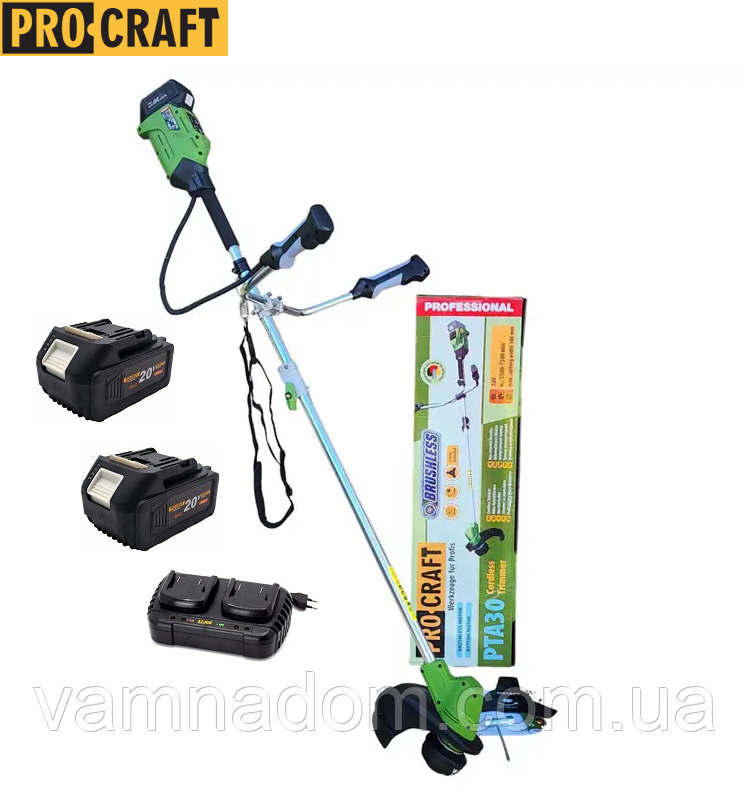 Акумуляторний тример Procraft PTA30 (2 Акумулятори 20 В по 4 А/год і Подвійне зарядне в комплекті)
