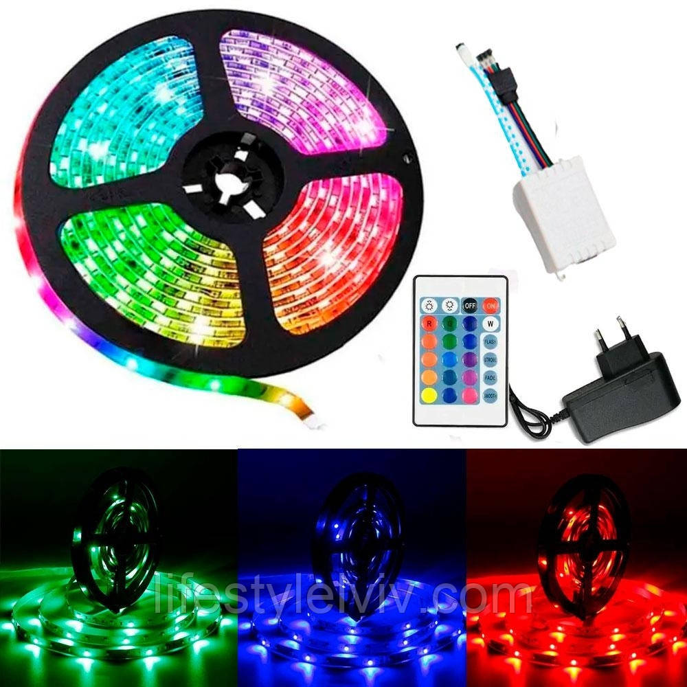 Світлодіодна стрічка з пультом 3528 RGB, Лед підсвітка потолку, фото 1