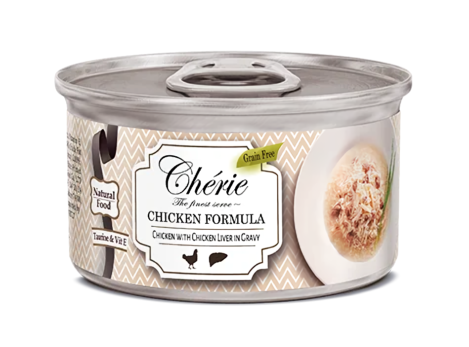 Корм вологий Cherie з шматочками м'яса курки та курячої печінки в соусі 80 г