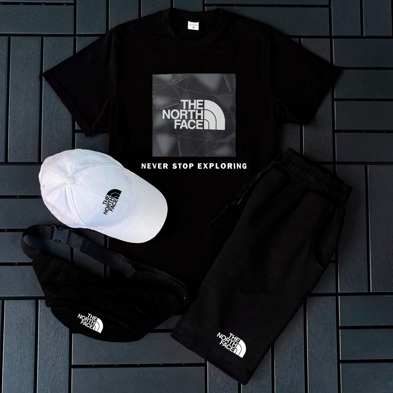 Чоловічий літній костюм The North Face Футболка + Шорти + Кепка + Барсетка чорний Комплект Зе Норт Фейс