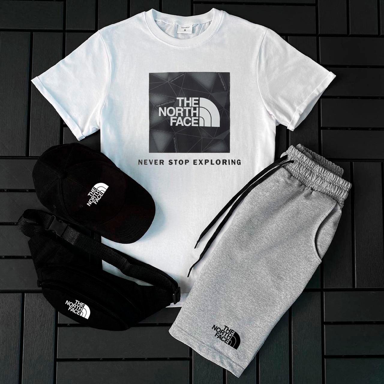 Чоловічий літній костюм The North Face Футболка + Шорти + Кепка + Барсетка білий Комплект Зе Норт Фейс