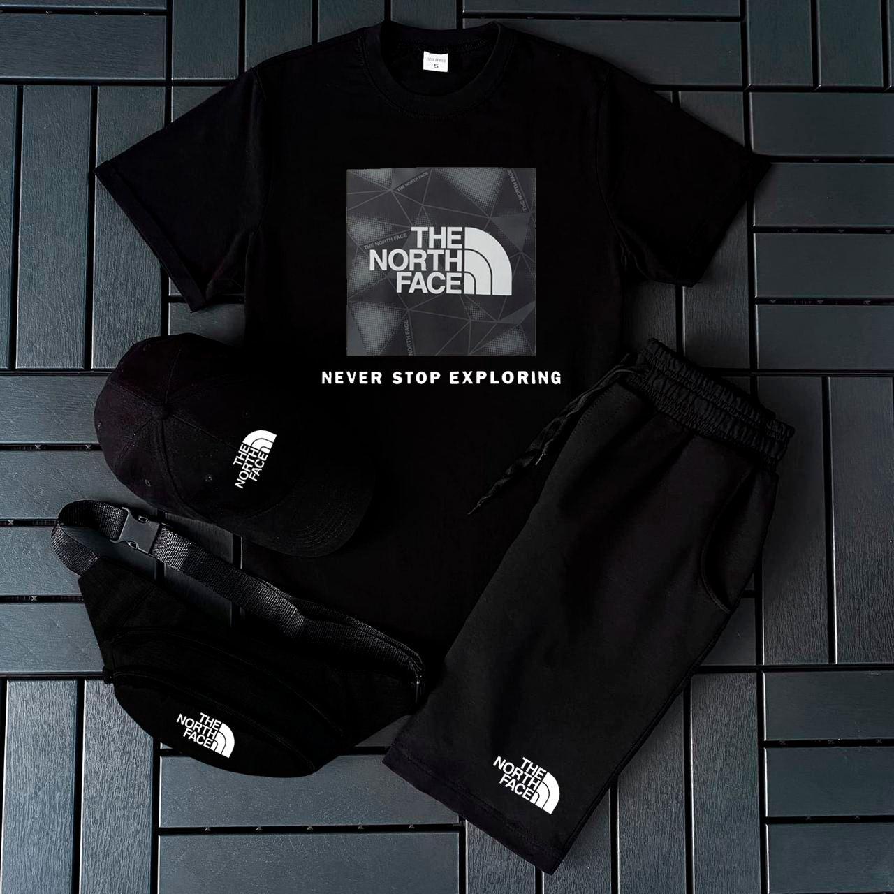Чоловічий літній костюм The North Face Футболка + Шорти + Кепка + Барсетка чорний Комплект Зе Норт Фейс