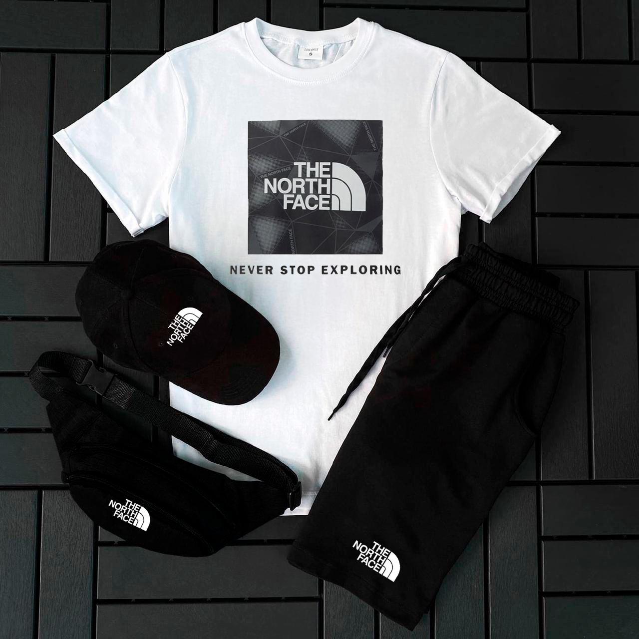 Чоловічий літній костюм The North Face Футболка + Шорти + Кепка + Барсетка білий Комплект Зе Норт Фейс