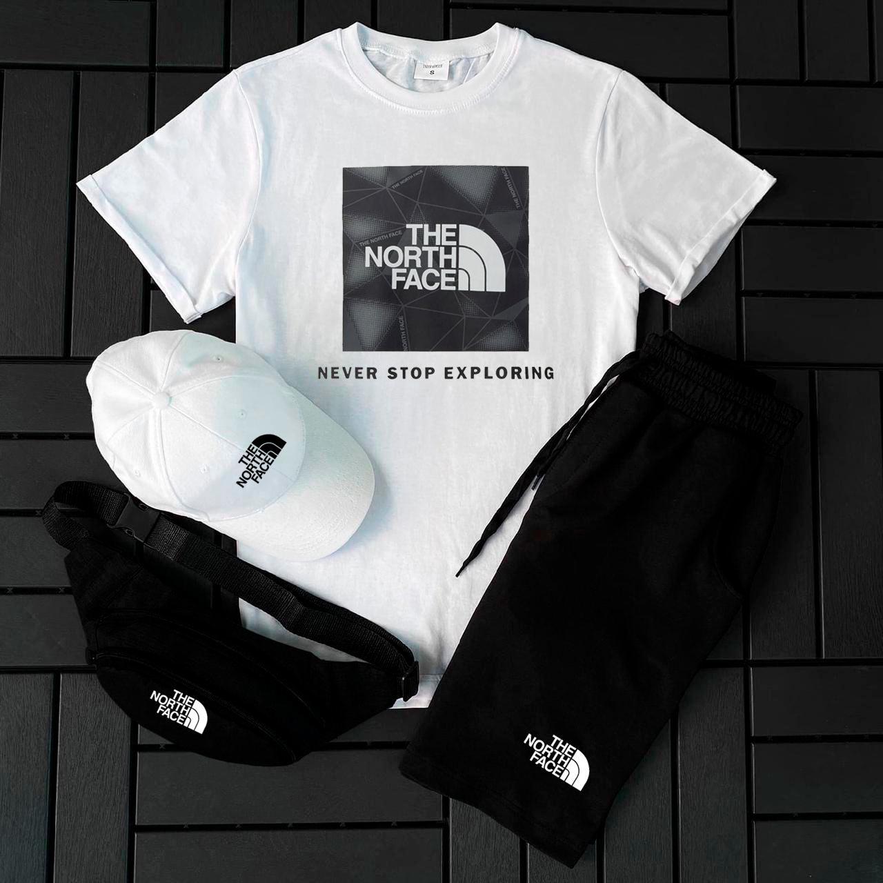Чоловічий літній костюм The North Face Футболка + Шорти + Кепка + Барсетка білий Комплект Зе Норт Фейс
