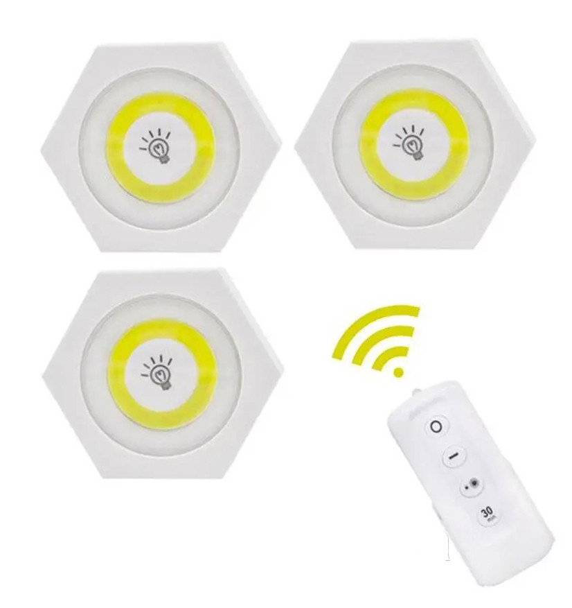 LED світильник настінний з 3-х шт. на батарейках з пультом на самоклейці «Стільники»